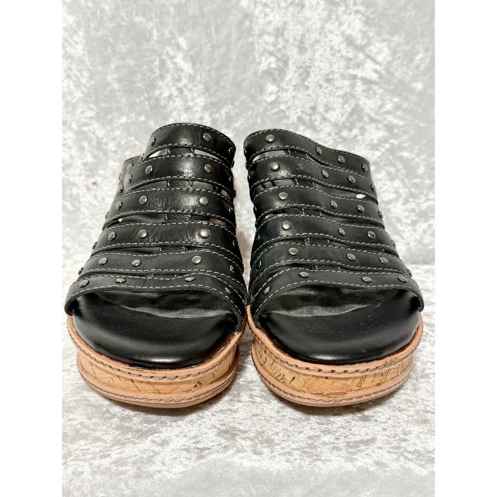 SoftWalk Womens Halsey Black Leather Studded Cork Wedge Slide Sandals Size 9N